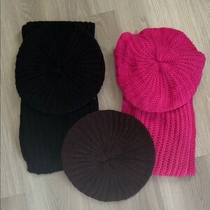 Knit Beanie Scarf Set/Lot Black Pink Plum-No Scarf Big Knit Winter Outerwear